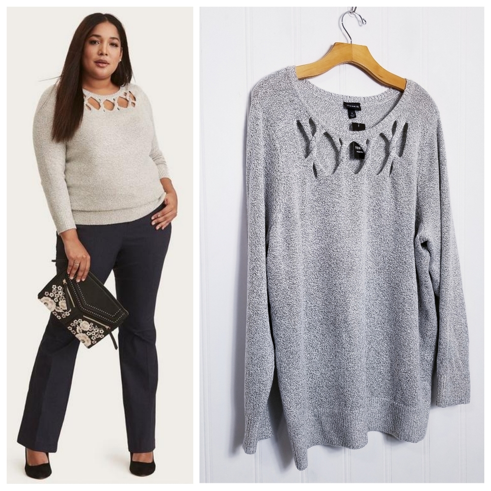 NWT Torrid Sweater Size 3 3X Lattice Cutout Neckline Tunic Pullover Heather Gray